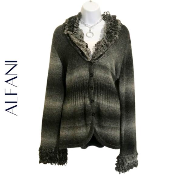 ALFANI Ombre Gray Button Front Cardigan With Loop Yarn Trim, M - Picture 1 of 9